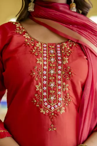 Vredevogel kurta set with dupatta | viscose roman silk embroidered kurta set for women