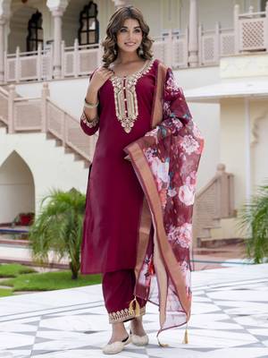 Vredevogel women's viscose roman silk blend embroidered kurta with pant & dupatta set 1