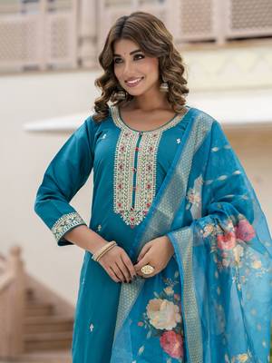 Vredevogel women's viscose roman silk blend embroidered kurta with pant & dupatta set 2