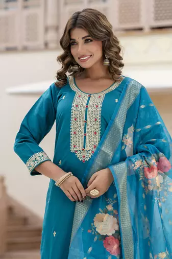 Vredevogel women's viscose roman silk blend embroidered kurta with pant & dupatta set