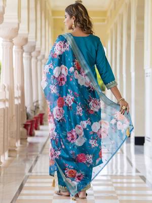 Vredevogel women's viscose roman silk blend embroidered kurta with pant & dupatta set 4