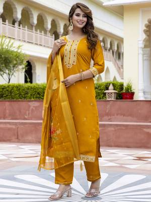 Vredevogel women's viscose roman silk blend embroidered kurta with pant & dupatta set 1
