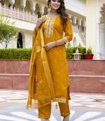 Vredevogel women's viscose roman silk blend embroidered kurta with pant & dupatta set