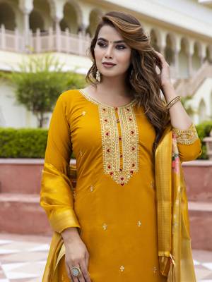 Vredevogel women's viscose roman silk blend embroidered kurta with pant & dupatta set 2