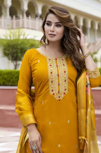 Vredevogel women's viscose roman silk blend embroidered kurta with pant & dupatta set
