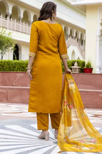 Vredevogel women's viscose roman silk blend embroidered kurta with pant & dupatta set