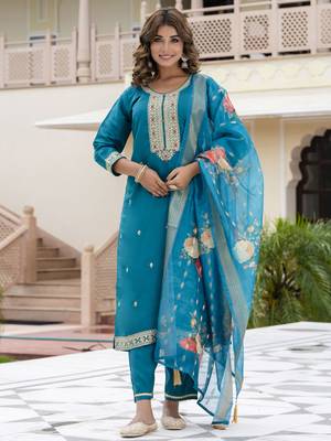 Vredevogel women's viscose roman silk blend embroidered kurta with pant & dupatta set 1