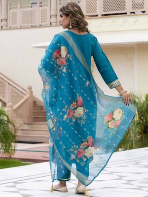 Vredevogel women's viscose roman silk blend embroidered kurta with pant & dupatta set 4