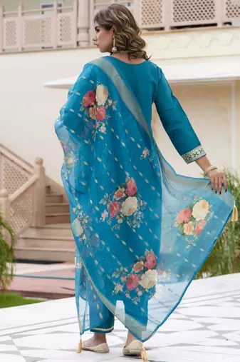 Vredevogel women's viscose roman silk blend embroidered kurta with pant & dupatta set
