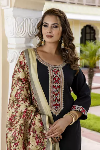 Vredevogel kurta set with dupatta | viscose roman silk embroidered kurta set for women