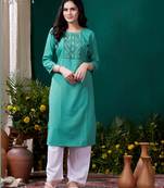 Sea green formal looking kurti with maaza cotton hand work with pocket