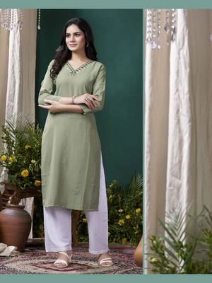 Green formal looking kurti with maaza cotton hand work with pocket 1
