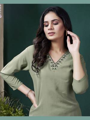 Green formal looking kurti with maaza cotton hand work with pocket 3