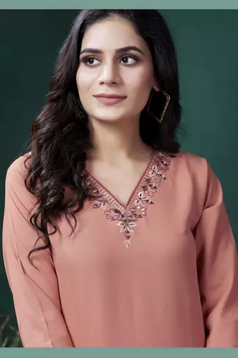 Orange formal looking kurti with maaza cotton hand with pocket