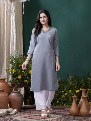 Grey formal looking kurti with maaza cotton hand work with pocket 1