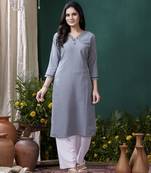 Grey formal looking kurti with maaza cotton hand work with pocket