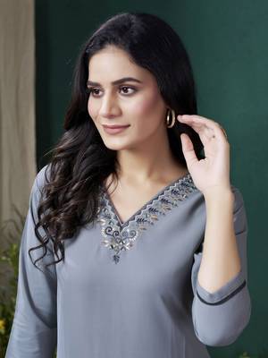 Grey formal looking kurti with maaza cotton hand work with pocket 3