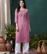 Pink formal looking kurti with maaza cotton hand work with pocket