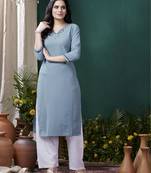 Blue formal looking kurti with maaza cotton hand work with pocket