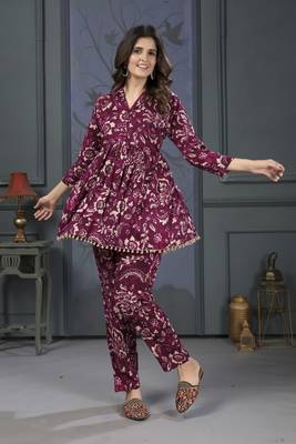Burgundy beautiful printed rayon partywear co-ord sets dress 1
