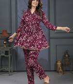 Burgundy beautiful printed rayon fabric partywear co-ord sets dress