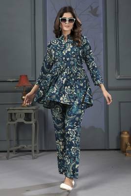 Teal beautiful printed rayon partywear co-ord sets dress 1