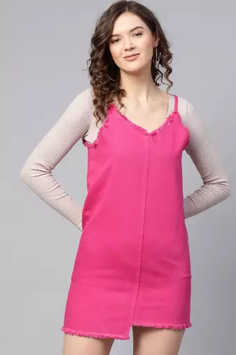 Pink plain denim short dresses
