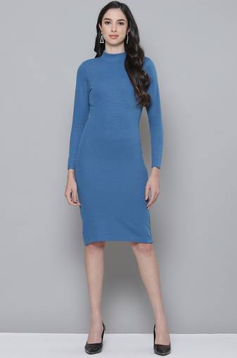Blue plain poly cotton short dresses