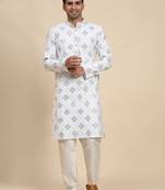 Ethnic white cotton rich looks kurta pajama with desigmer embroidered work
