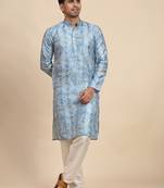 Ethnic light blue viscose rayon rich looks kurta pajama with designer printed