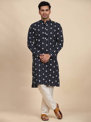 Ethnic navy blue viscosee rayon rich looks kurta pajama with desigmer embroidered work 1