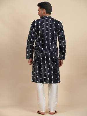 Ethnic navy blue viscosee rayon rich looks kurta pajama with desigmer embroidered work 2