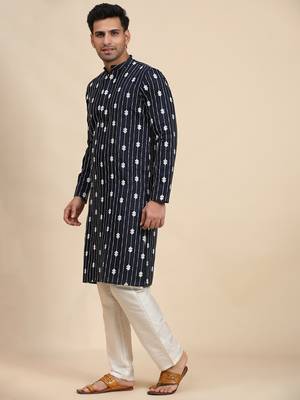 Ethnic navy blue viscosee rayon rich looks kurta pajama with desigmer embroidered work 4