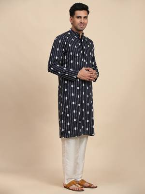 Ethnic navy blue viscosee rayon rich looks kurta pajama with desigmer embroidered work 5