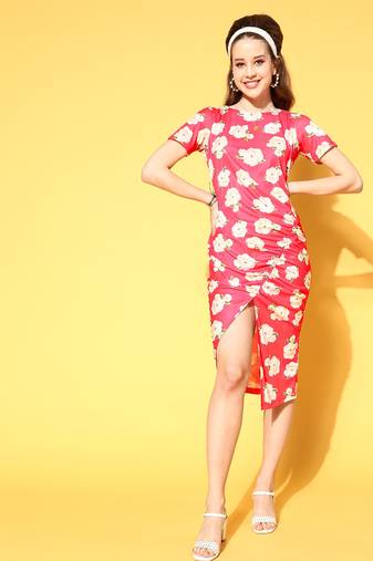 Pink printed polyester short dresses