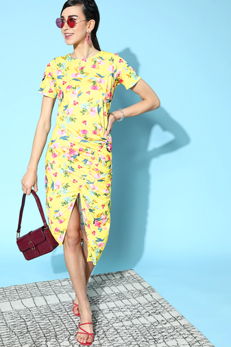 Yellow printed polyester short dresses