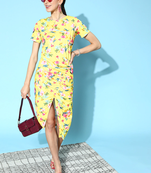 Yellow printed polyester short dresses