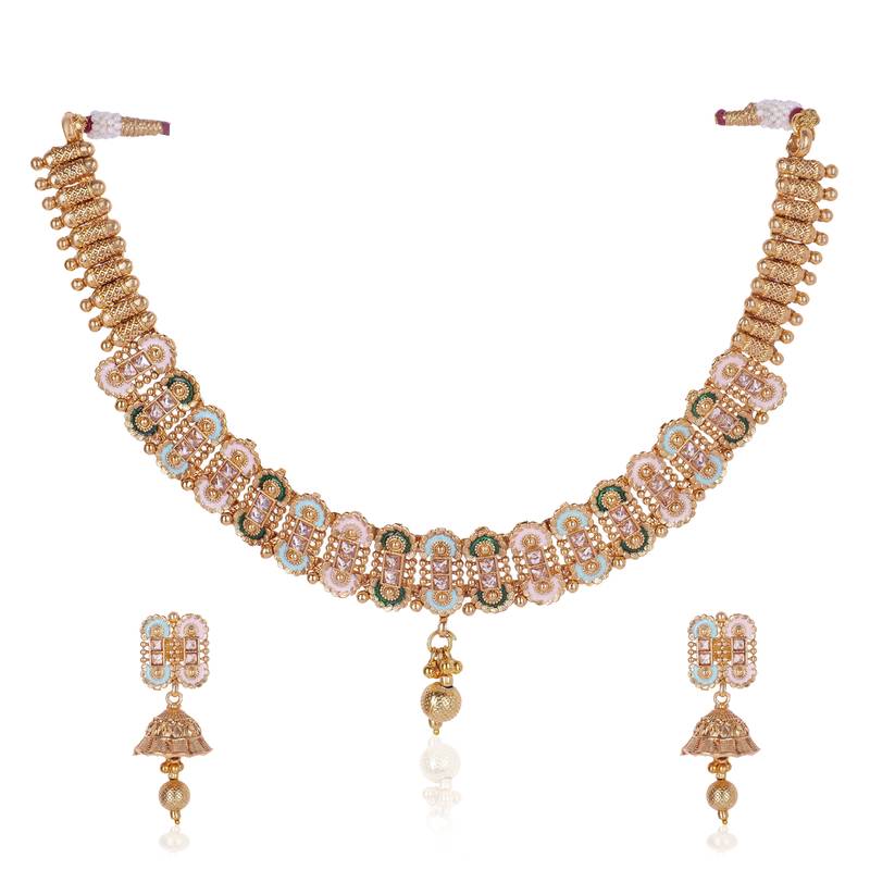   Gold plated traditional temple choker necklace jewellery with earrings set for wo ::Girls