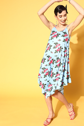 Blue printed polyester short dresses