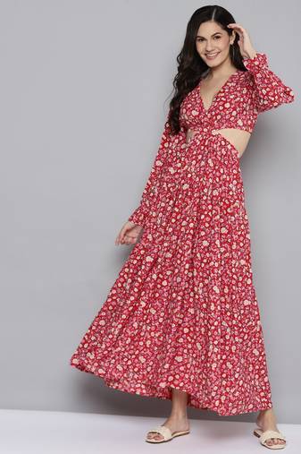 Red printed polyester maxi dresses
