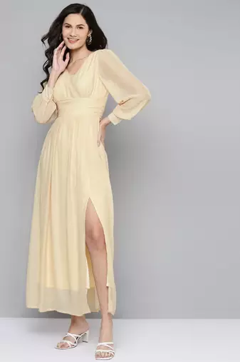 Beige plain georgette maxi dresses