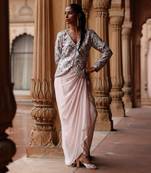 Pink dupion silk printed jacket and satin drape skirt