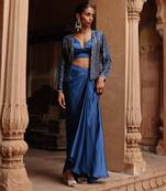 Blue dupion silk printed and hand embroidered jacket with satin drape skirt
