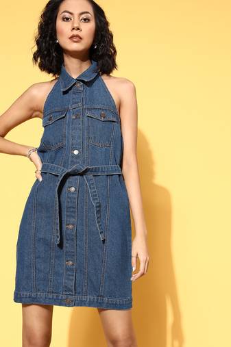 Blue plain denim short dresses