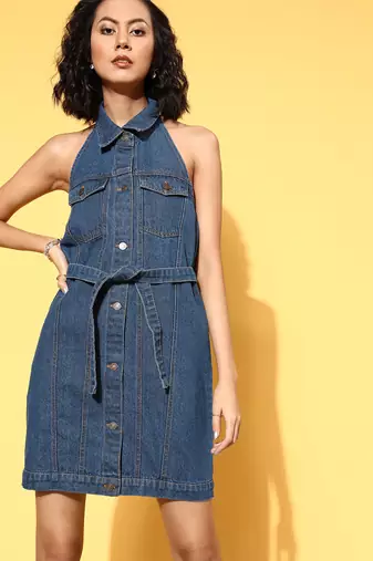 Blue plain denim short dresses