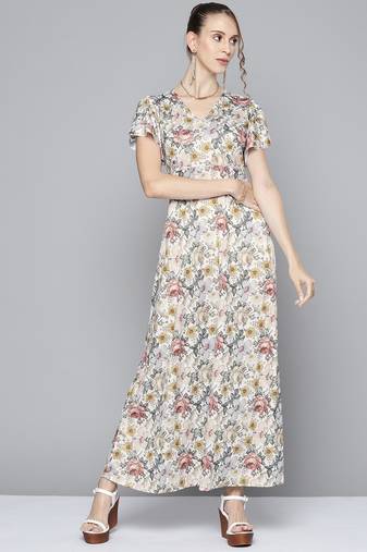White printed polyester maxi dresses