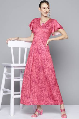 Pink printed polyester maxi dresses