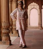 Pink dupion silk printed and embroidered short kurta set