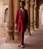 Deep magenta printed and embroidered short kurta set