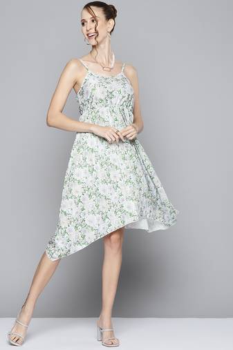 Green printed polyester short dresses